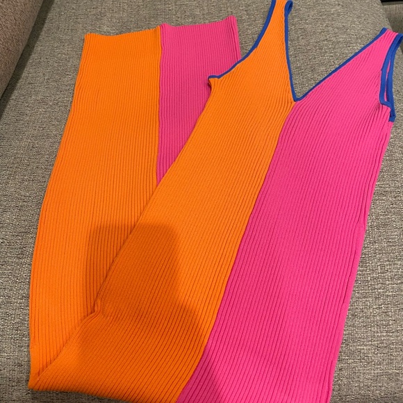 STAUD Birkenstock+Dana Colorblock Ribbed Midi Dress - Orange and Pink - Picture 2 of 3